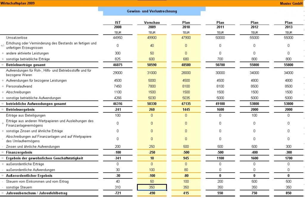 Wirtschaftsplan Vorlage