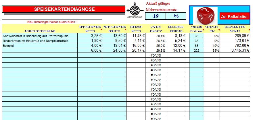 Excel Vorlage Preis Kalkulation Bzw Speisenkalulation Fur Hotel Und Restaurants